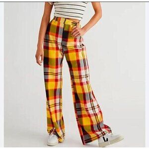 Free People Plaid Jules High-Waisted Flared Wide Leg Pants Size US 0 UK 4